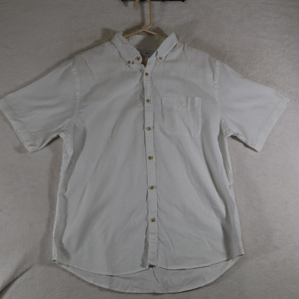 Old Navy Mens L Slim Fit White Linen Cotton Short Sleeve Button Down Shirt